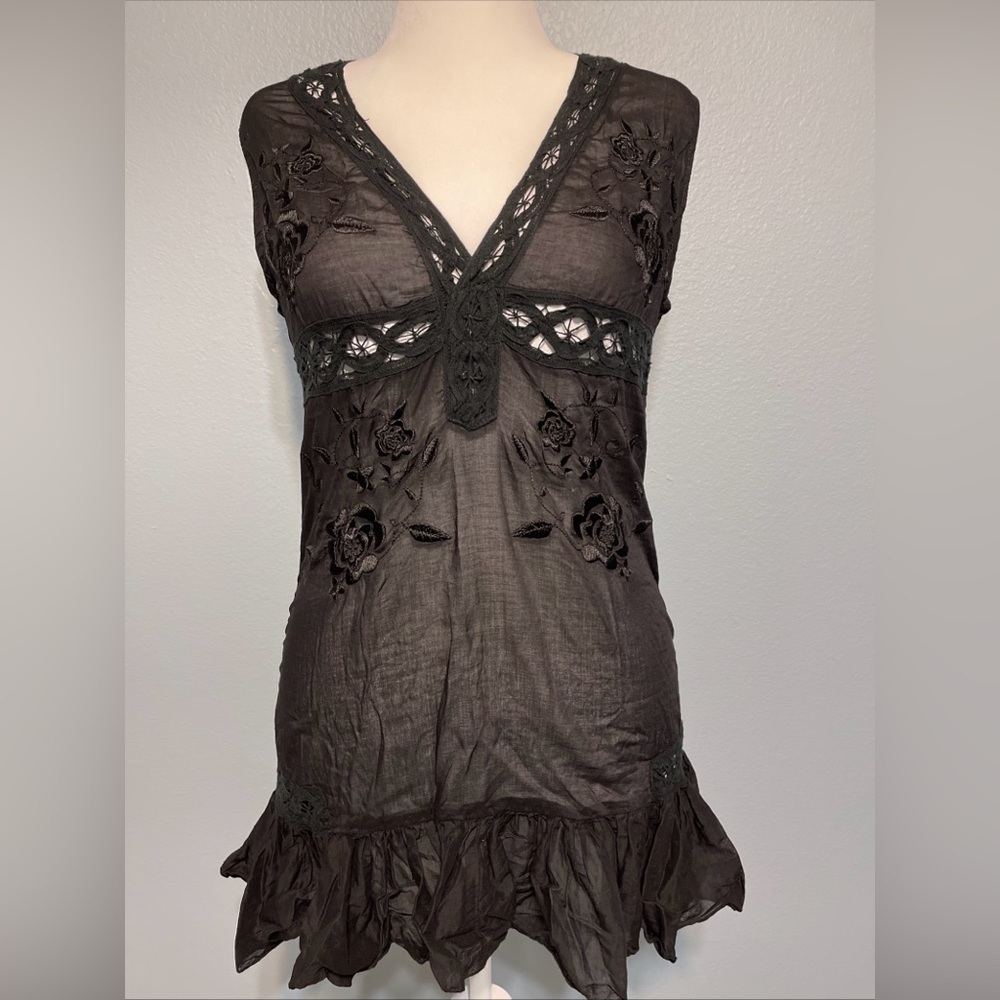 Monoreno Black Embroidered Ruffle-Hem Mini Dress Whimsigoth Cowgirl Chic Sz L